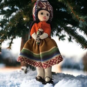 Vintage Handmade Folk art doll with baby Papoose Peruvian ethnic braids sandals